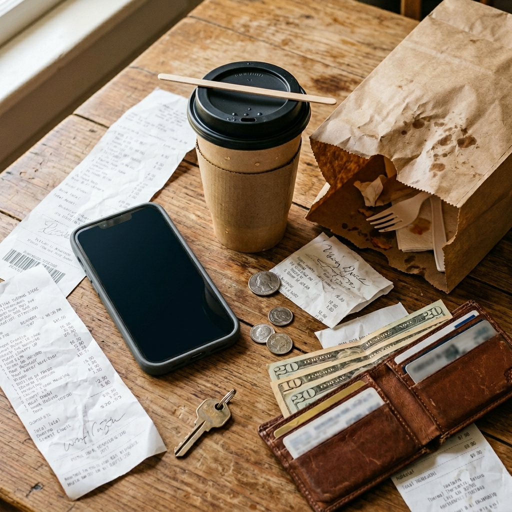 A close-up of an open wallet with coins spilling out onto a table, symbolizing the small daily spending habits that silently drain income over time.