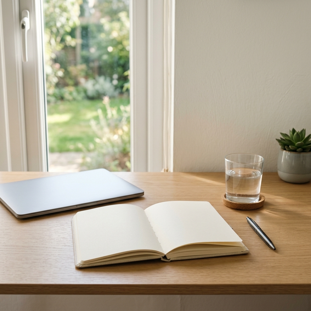 An entrepreneur sits at a clean, organized desk with a closed laptop and a notebook, symbolizing a fresh discipline reset and intentional focus.