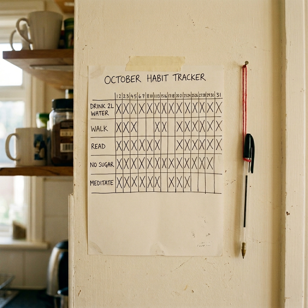 A simple habit tracker calendar on a wall with checkmarks on most days, representing the boring consistency system that replaces motivation.