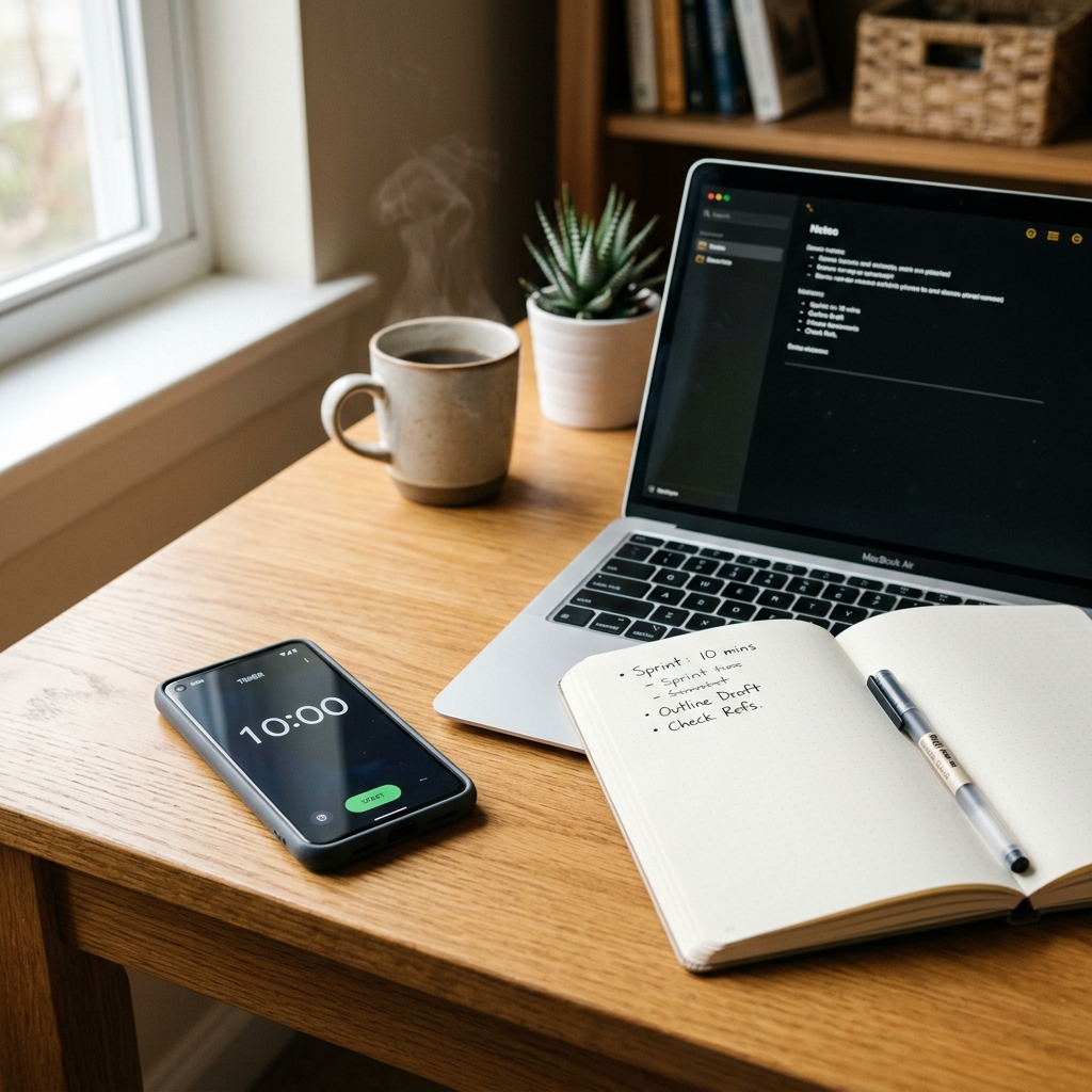 A phone timer set to 10 minutes sits on a desk next to an open laptop, representing the 10-minute pattern interrupt for beating procrastination.