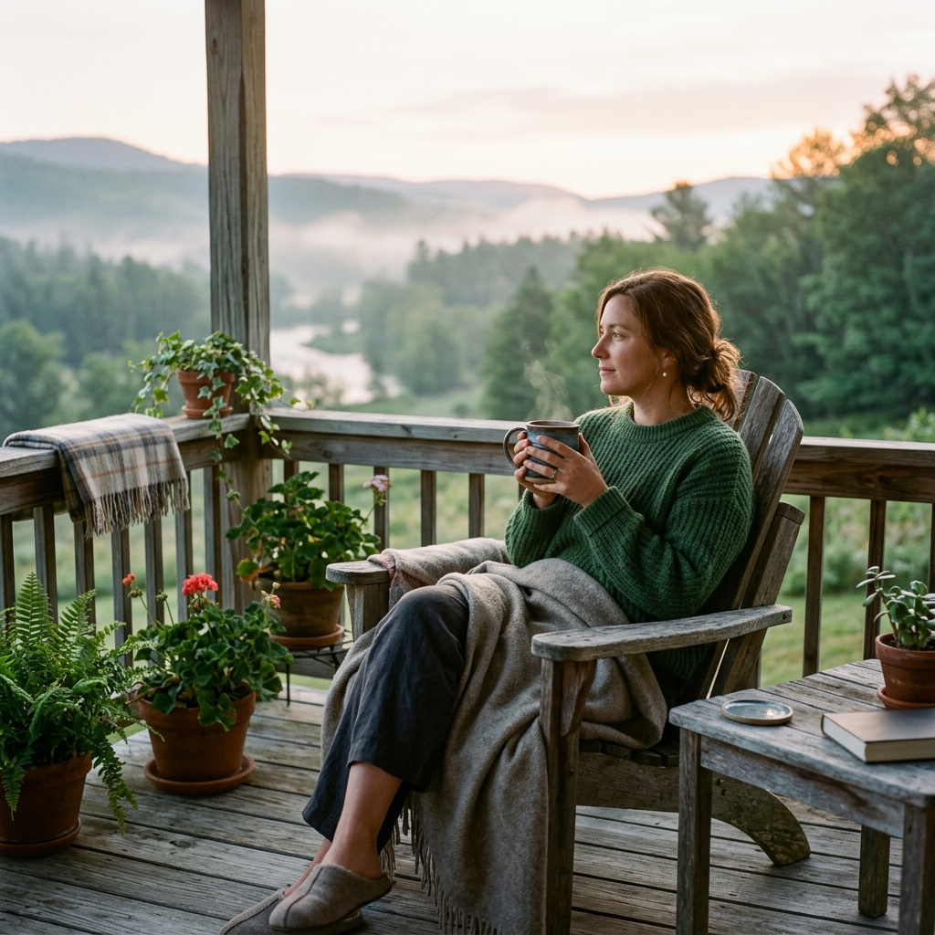 A person sits peacefully on a porch with coffee and no phone, practicing the structured stillness technique from a 14-day mental reset.
