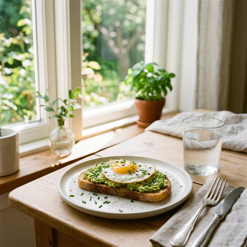 A glass of water and a plate of eggs sit on a sunlit breakfast table, representing the protein-first morning habit that stabilizes energy all day.