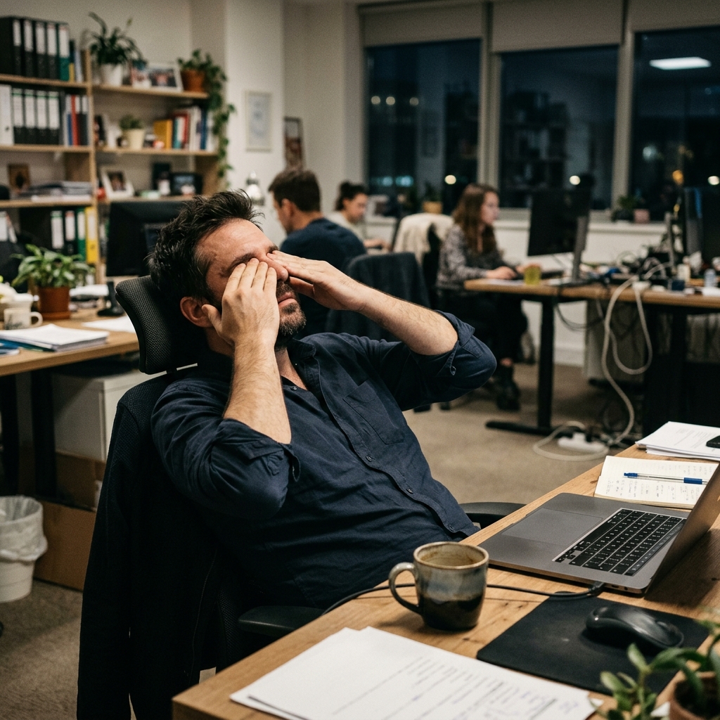 A professional leans back in their desk chair rubbing their eyes, a laptop and coffee in front of them, illustrating the daily toll of workplace burnout.
