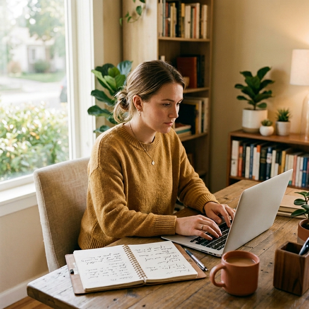 A freelancer works at a laptop with a notepad showing a list of skills and pricing, illustrating the process of turning existing skills into paying income.