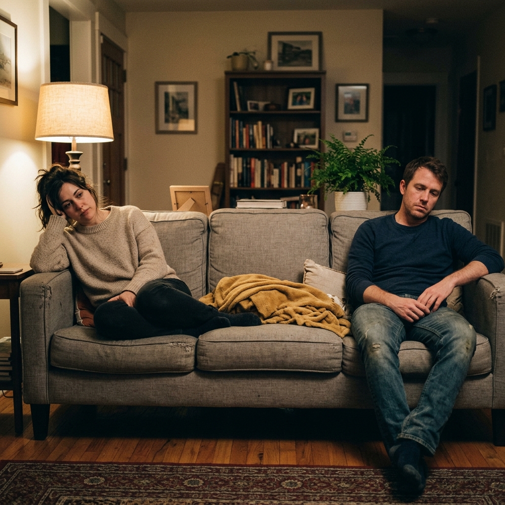 A couple sits on opposite ends of a couch looking tired, illustrating the emotional exhaustion that makes modern relationships feel like work.