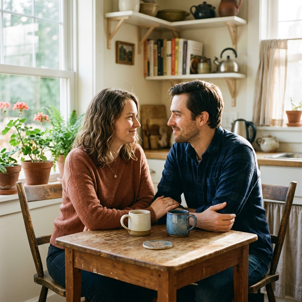 A couple sits facing each other at a kitchen table having a calm conversation, illustrating a structured framework for resolving relationship conflicts.