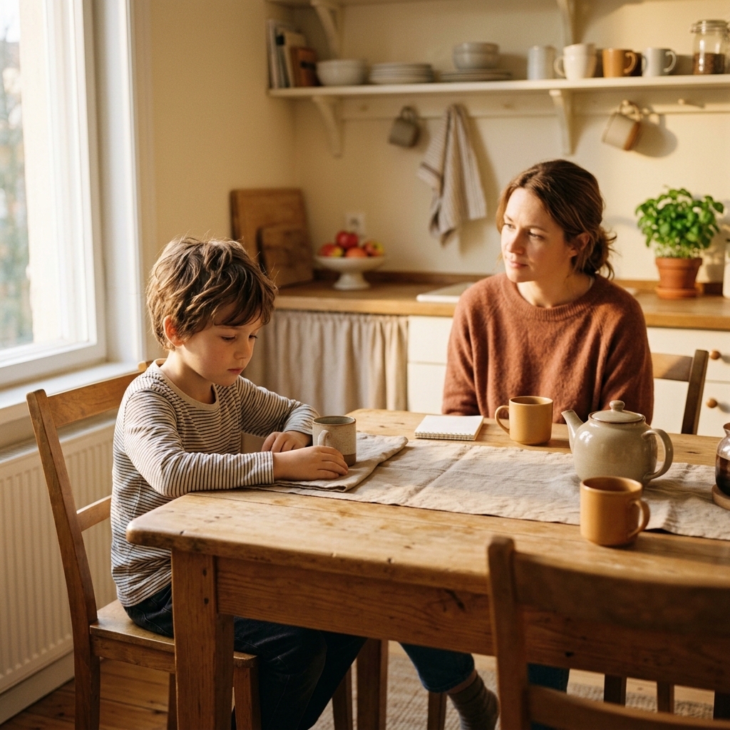 A father and his young daughter sit facing each other across a marble kitchen island in a lived-in family kitchen, the child looking down quietly while the father watches with gentle concern